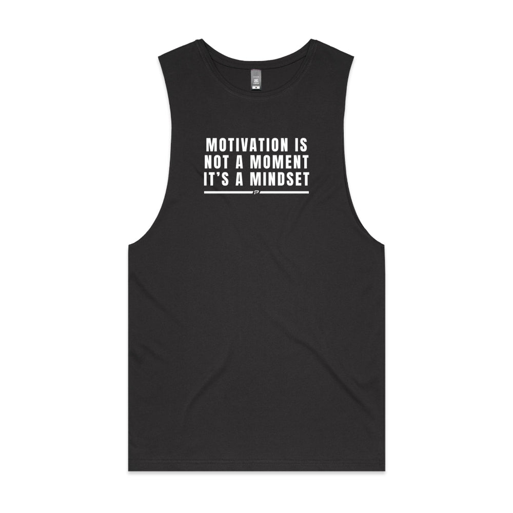 Coal colour barnard tank with "Motivation Is Not A Moment It's A Mindset" design on white background