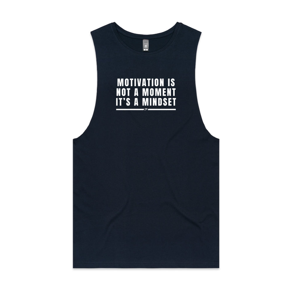 Navy barnard tank with "Motivation Is Not A Moment It's A Mindset" design on white background