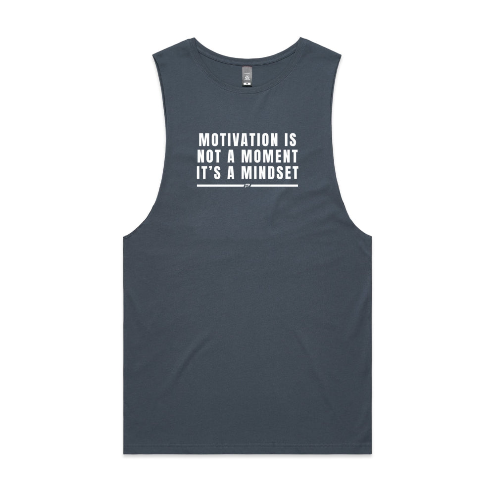 Petrol blue barnard tank with "Motivation Is Not A Moment It's A Mindset" design on white background