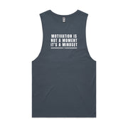 Petrol blue barnard tank with "Motivation Is Not A Moment It's A Mindset" design on white background