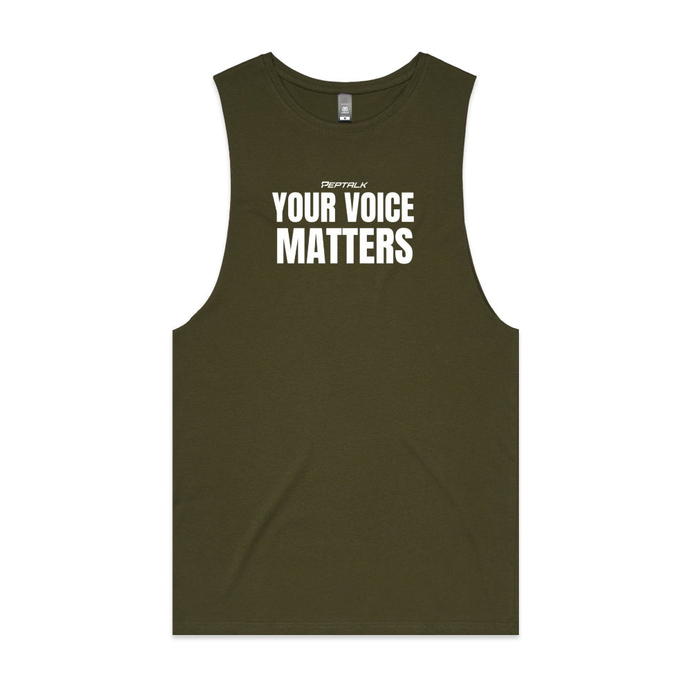 Army colour barnard tank with "Your Voice Matters" design on white background