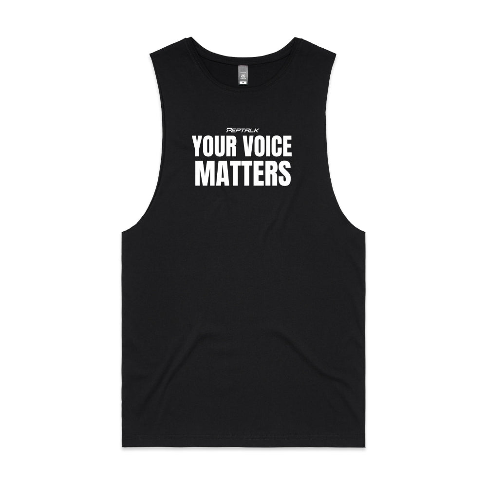 Black barnard tank with "Your Voice Matters" design on white background