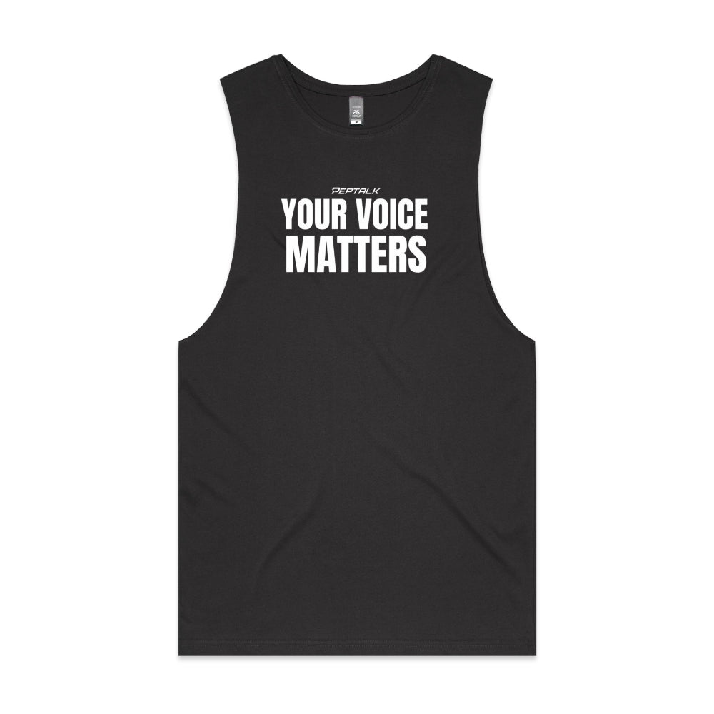 Coal colour barnard tank with "Your Voice Matters" design on white background