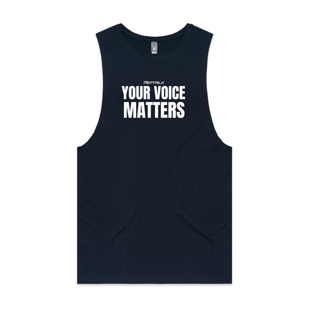 Navy barnard tank with "Your Voice Matters" design on white background