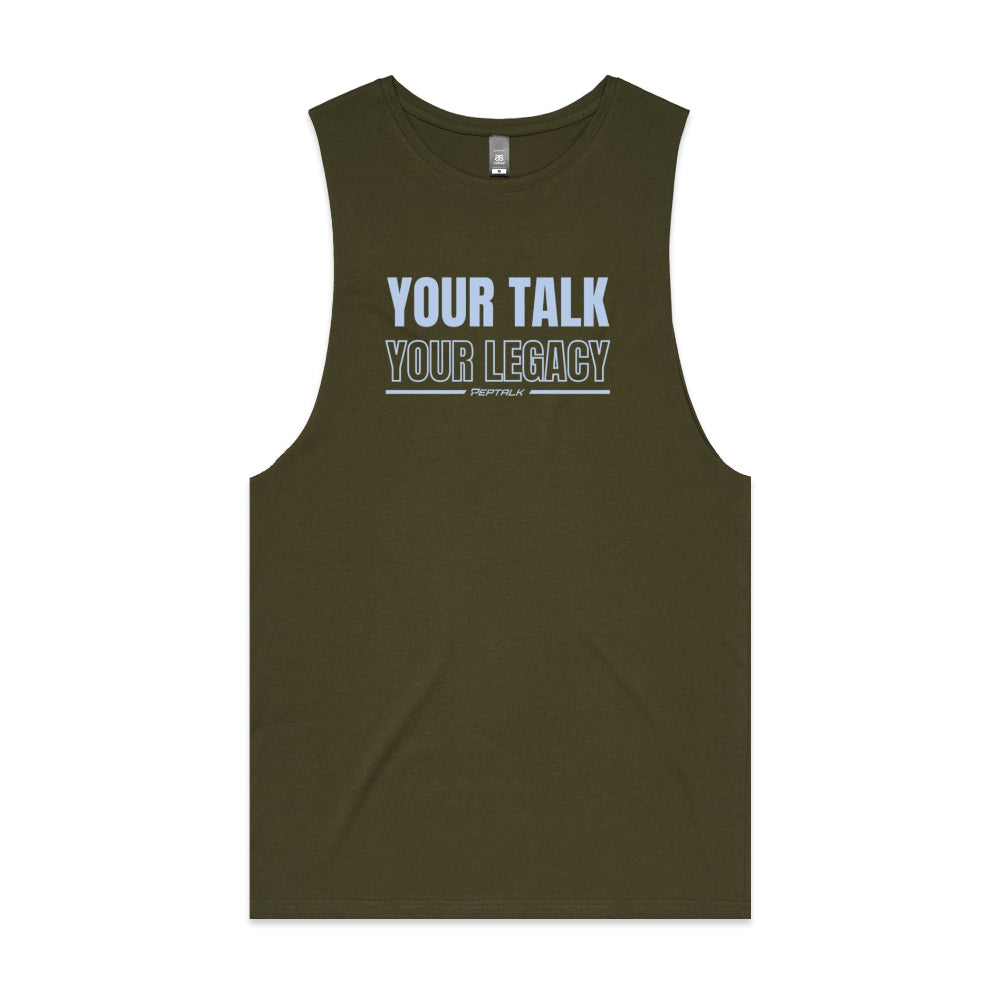 Army green men's tank top with "Your Talk Your Legacy" design