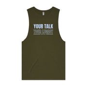 Army green men's tank top with "Your Talk Your Legacy" design