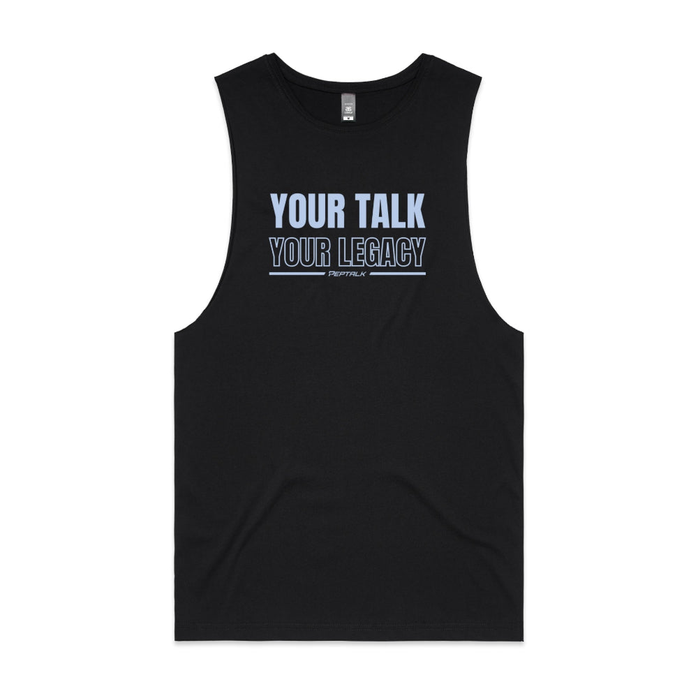 Black men's tank top with "Your Talk Your Legacy" design