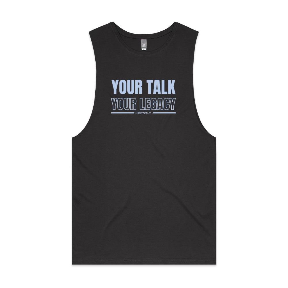 Coal men's tank top with "Your Talk Your Legacy" design