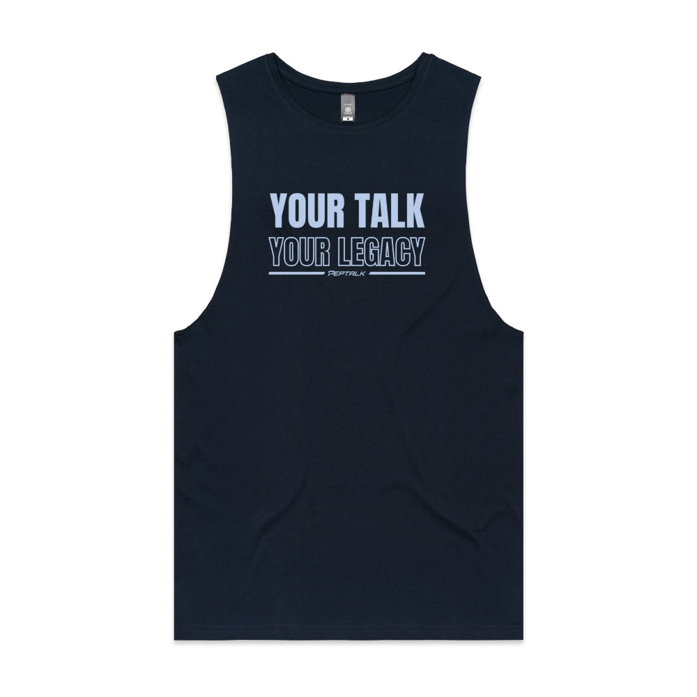 Navy men's tank top with "Your Talk Your Legacy" design
