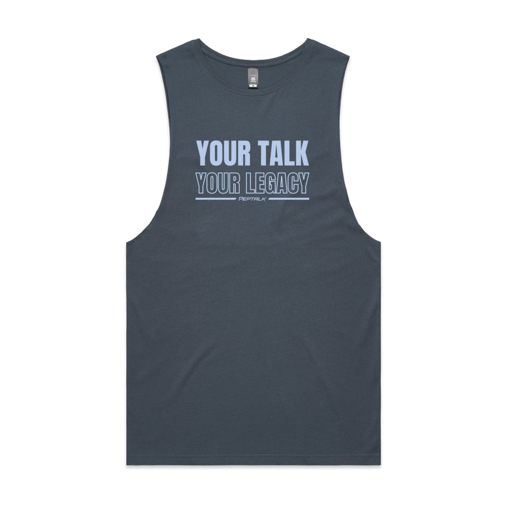 Petrol blue men's tank top with "Your Talk Your Legacy" design