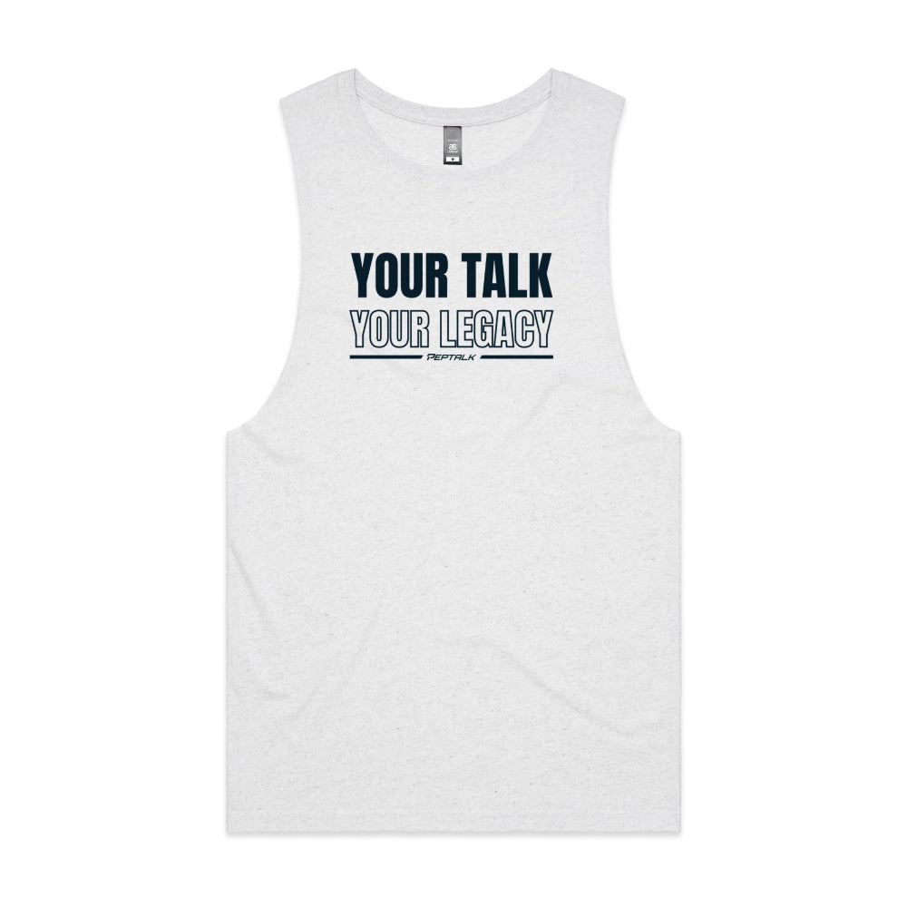 White marle men's tank top with "Your Talk Your Legacy" design