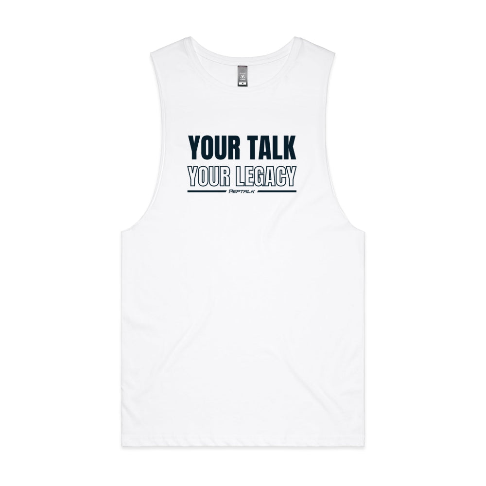 White men's tank top with "Your Talk Your Legacy" design