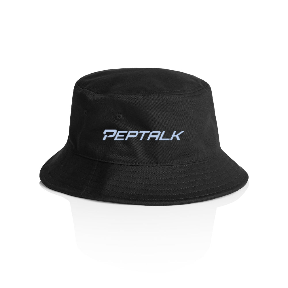 Black bucket hat with blue PepTalk logo on white background