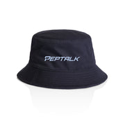 Navy bucket hat with blue PepTalk logo on white background