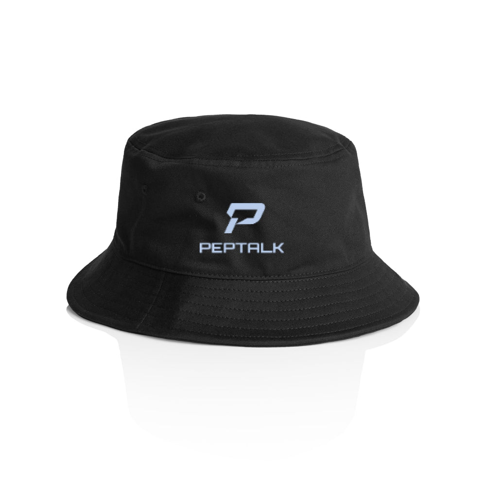 Black bucket hat with blue portrait PepTalk logo on white background