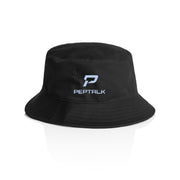 Black bucket hat with blue portrait PepTalk logo on white background