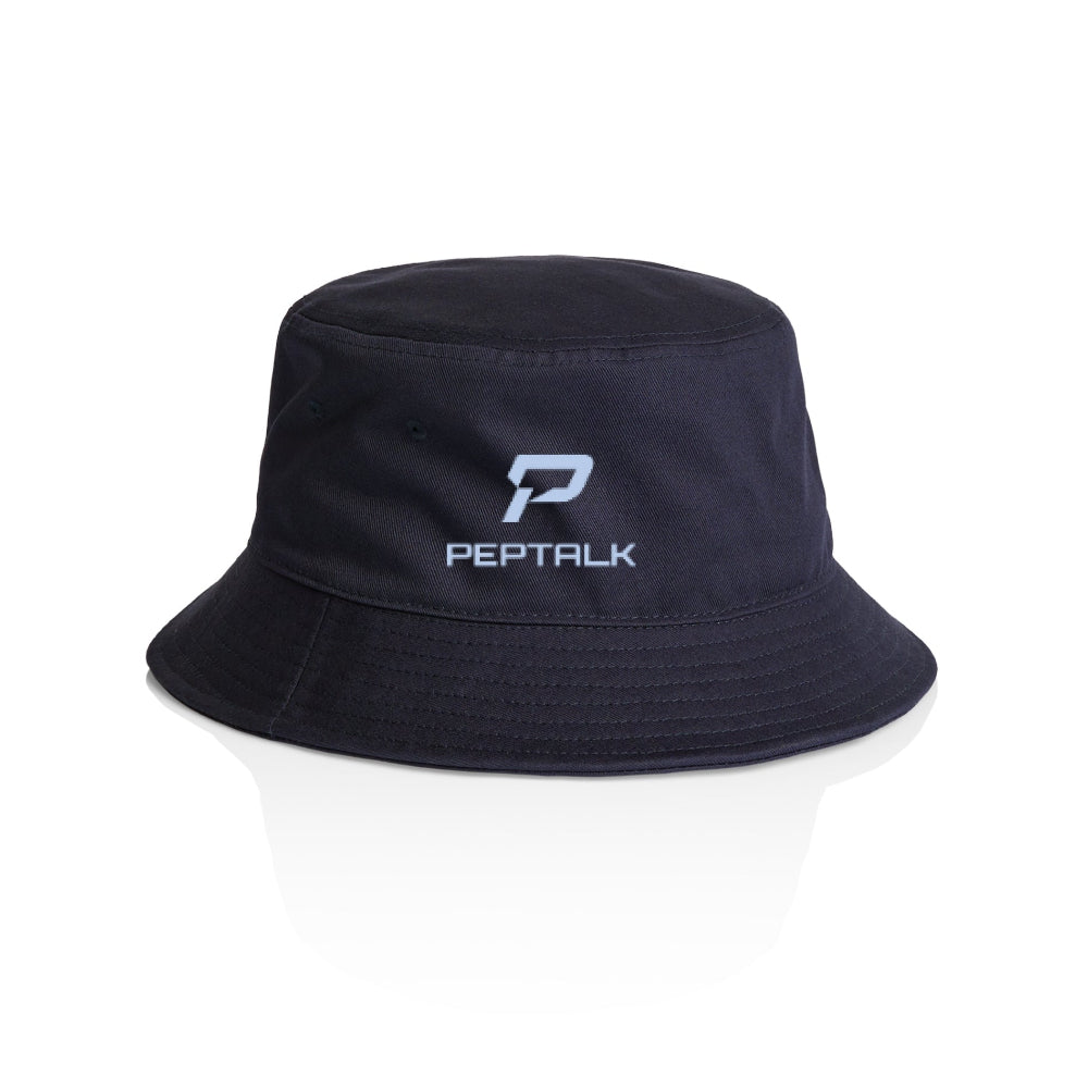 Navy bucket hat with blue portrait PepTalk logo on white background