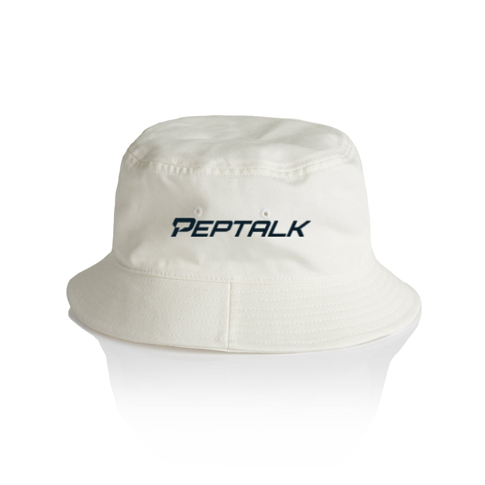 Ecru colour bucket hat with navy PepTalk logo on white background