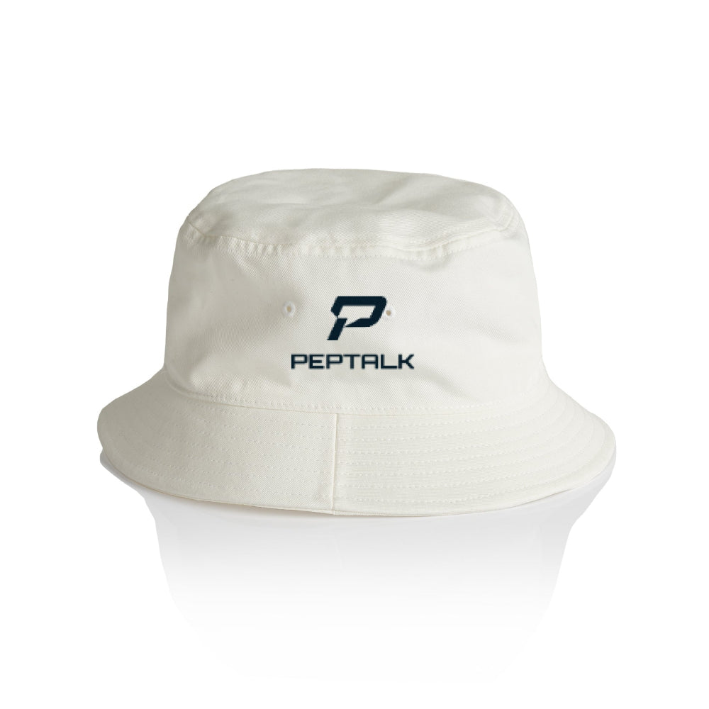 Ecru colour bucket hat with navy portrait PepTalk logo on white background