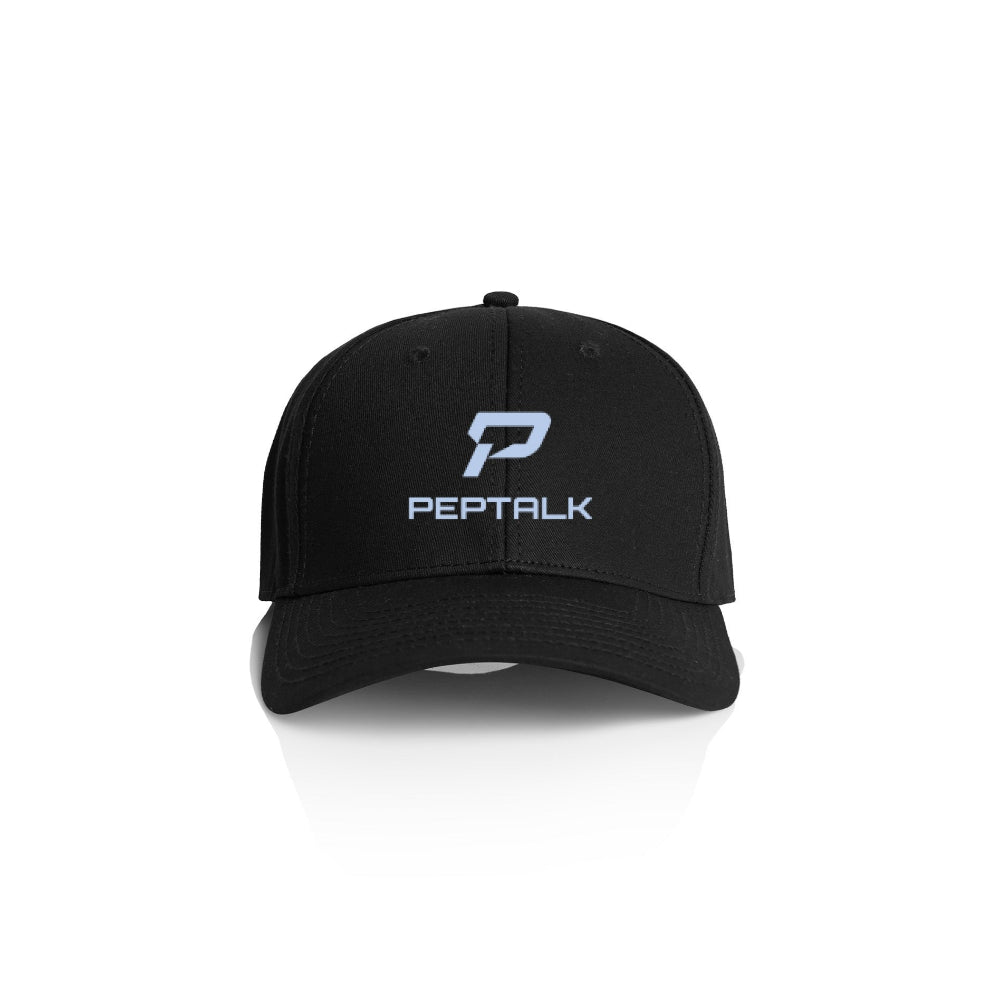 Black cap with Peptalk logo on a white background