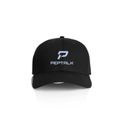 Black cap with Peptalk logo on a white background