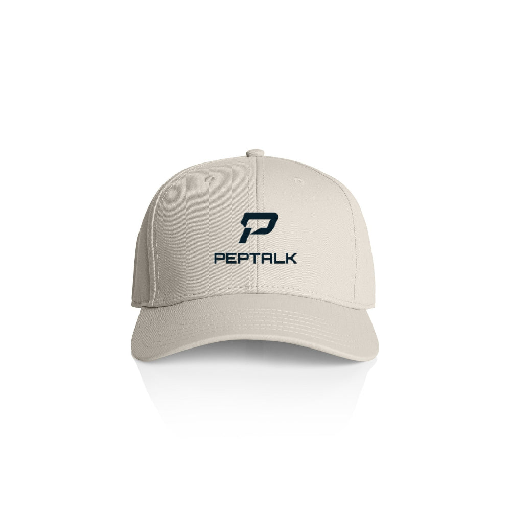 Bone colour cap with Peptalk logo on a white background