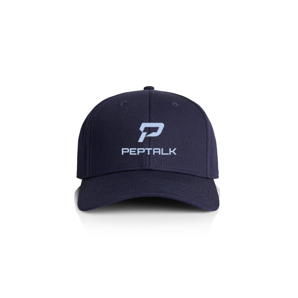 Midnight blue colour cap with Peptalk logo on a white background