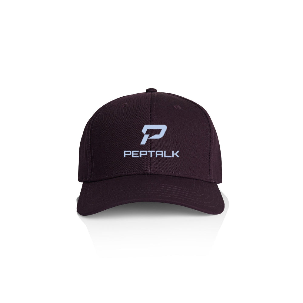 Plum colour cap with Peptalk logo on a white background