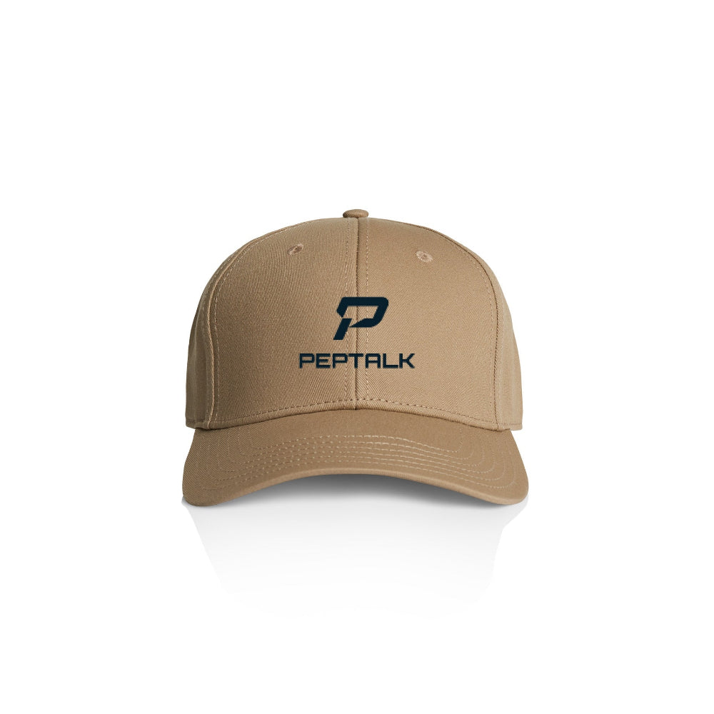 Sand colour cap with Peptalk logo on a white background