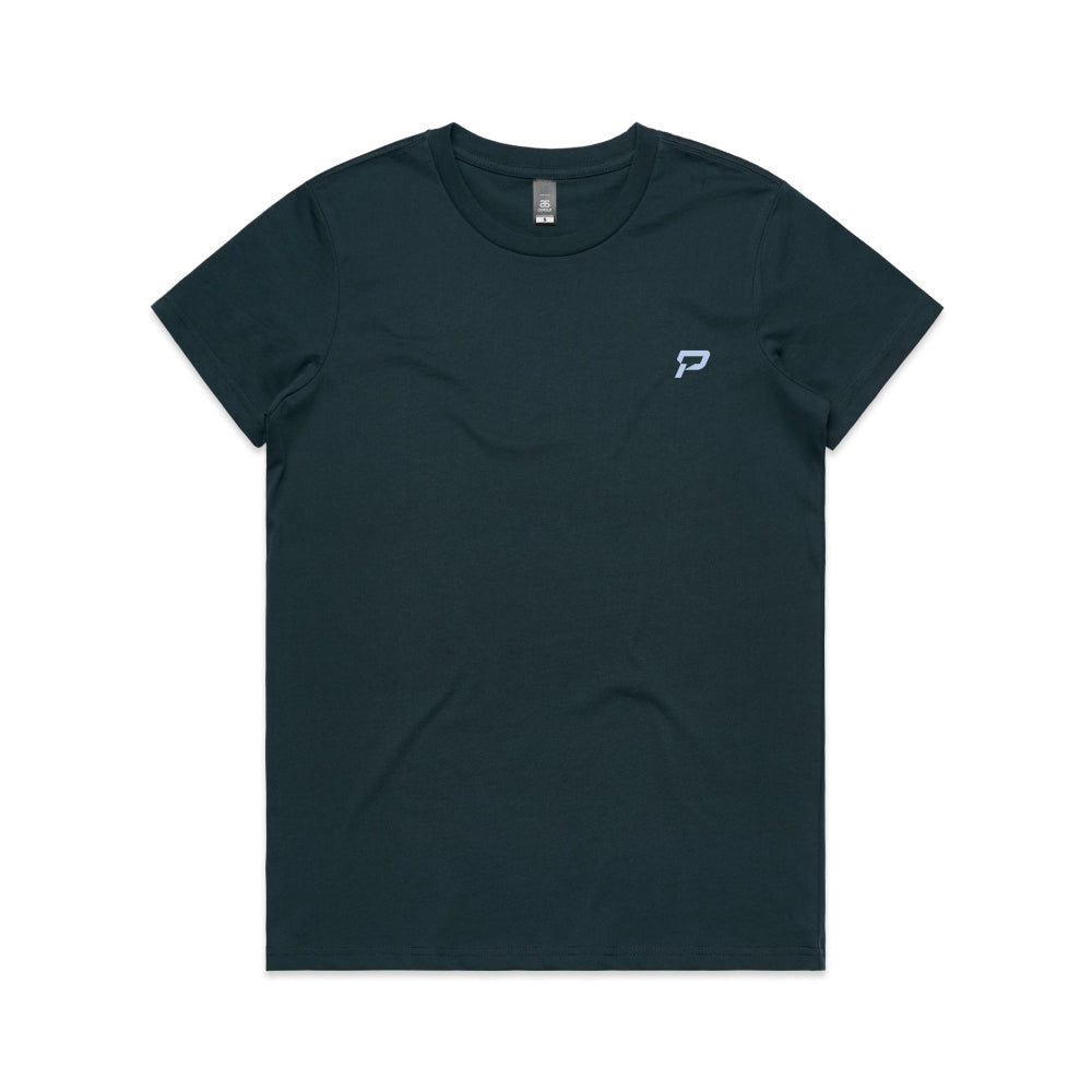 Indigo women's shirt with PepTalk logomark