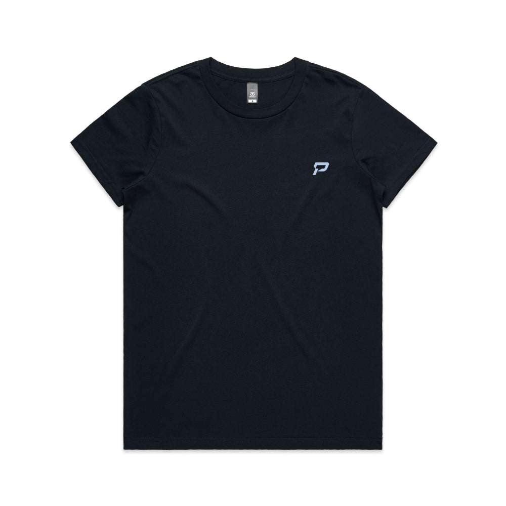 Navy blue women's shirt with PepTalk logomark