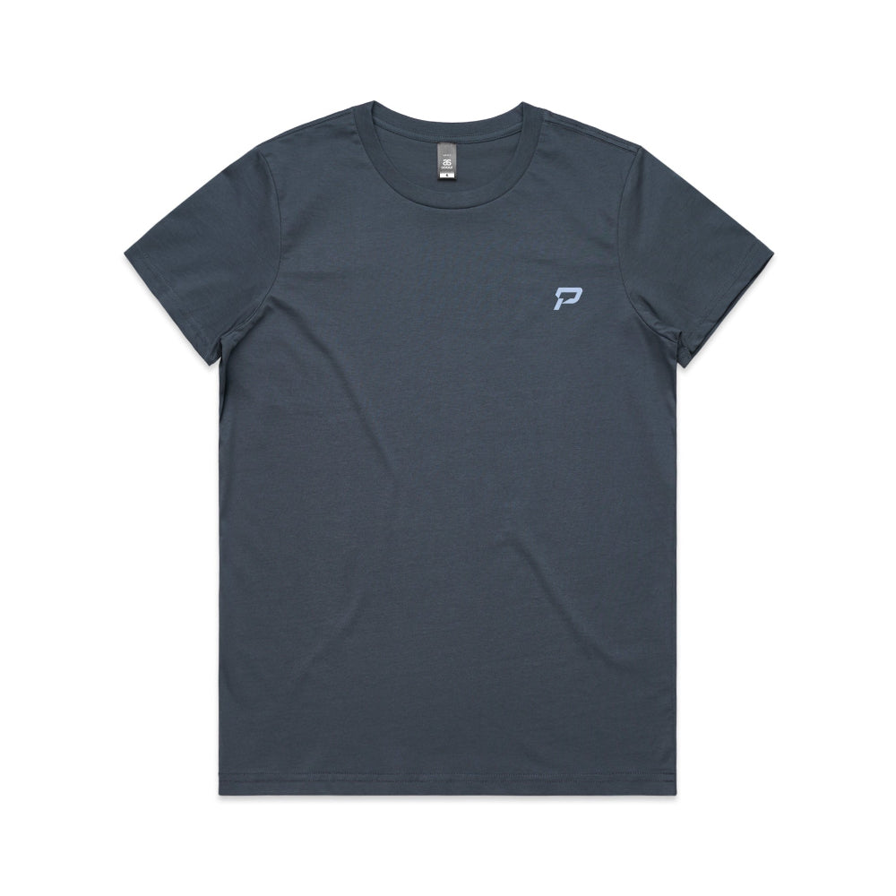 Petrol blue women's shirt with PepTalk logomark