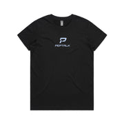 Black women's shirt with PepTalk portrait logo at the centre