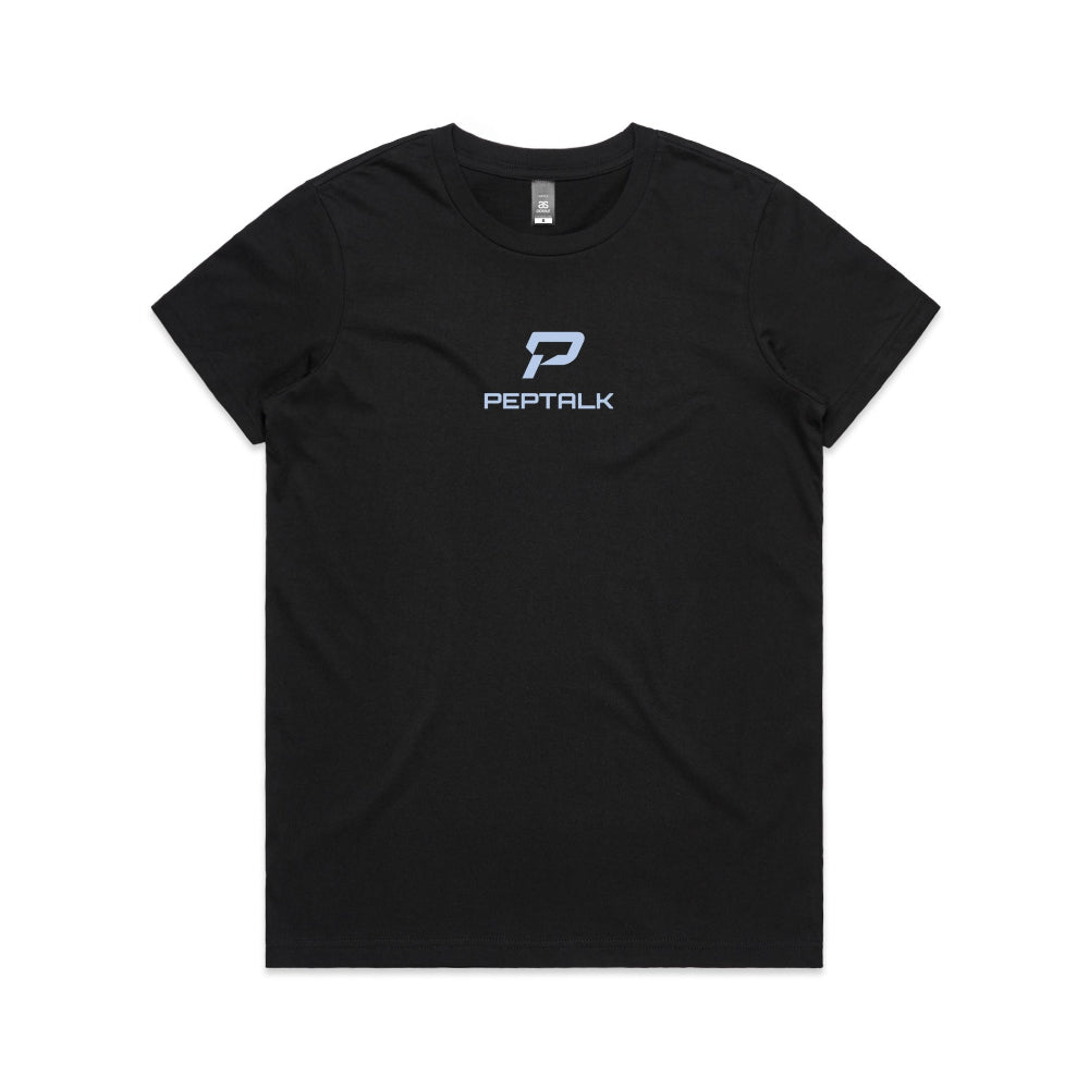 Black women's shirt with PepTalk portrait logo at the centre