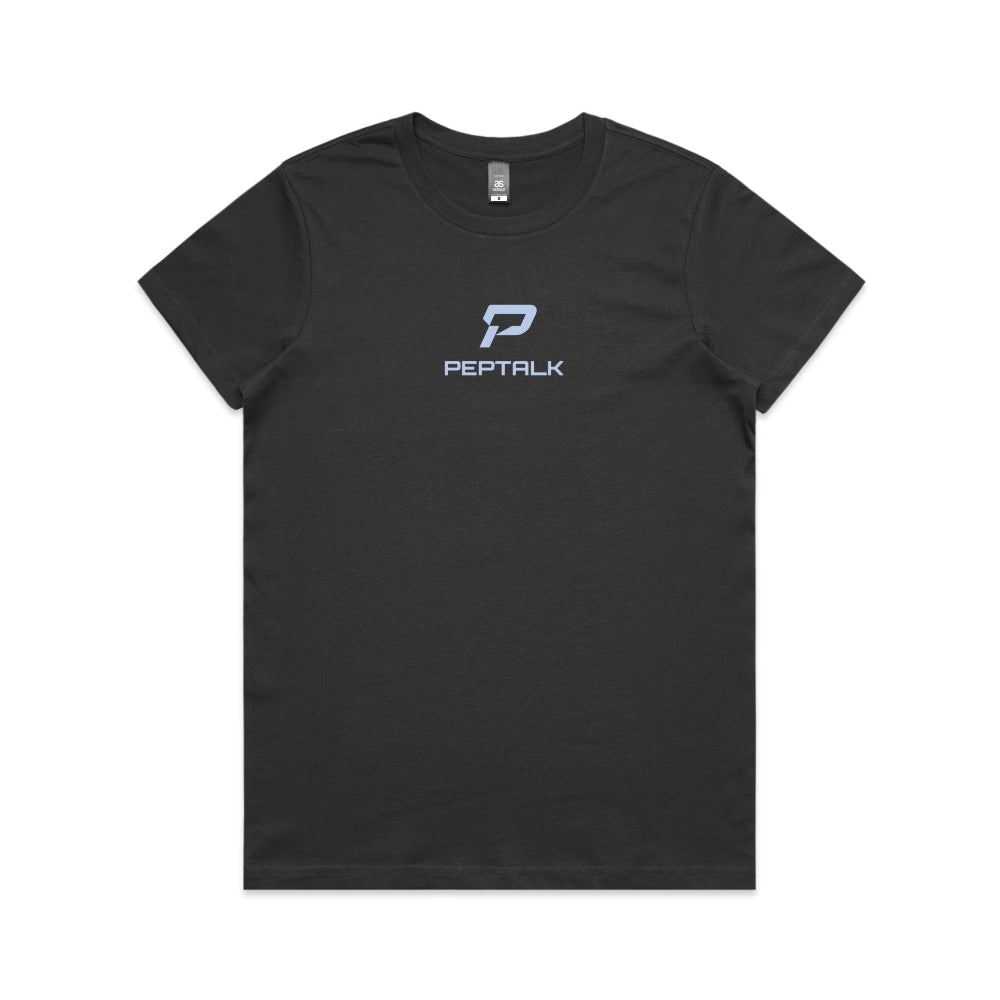 Coal colour women's shirt with PepTalk portrait logo at the centre