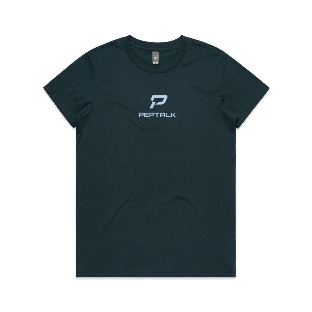 Indigo women's shirt with PepTalk portrait logo at the centre