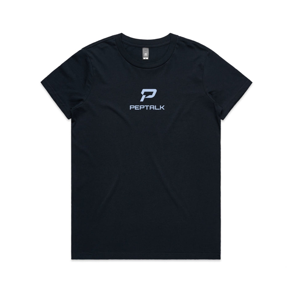 Navy women's shirt with PepTalk portrait logo at the centre