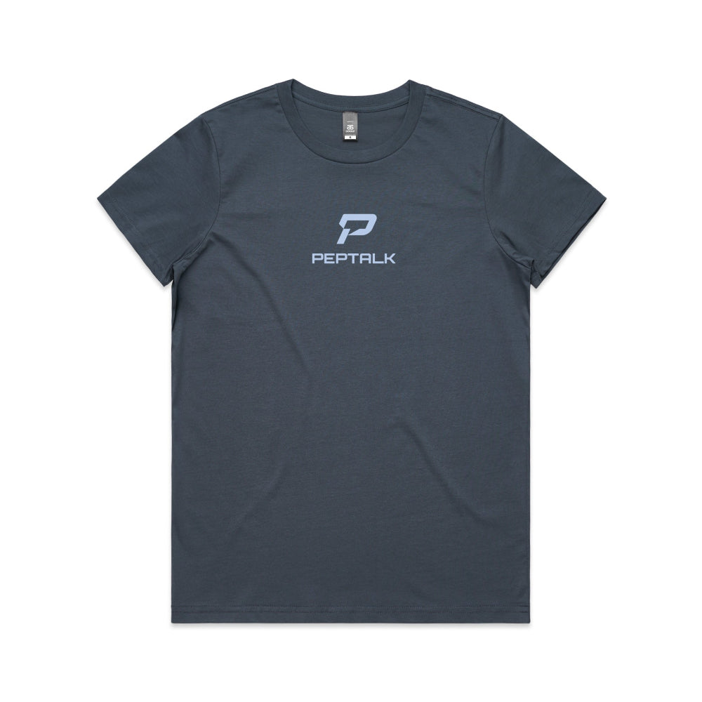 Petrol blue women's shirt with PepTalk portrait logo at the centre