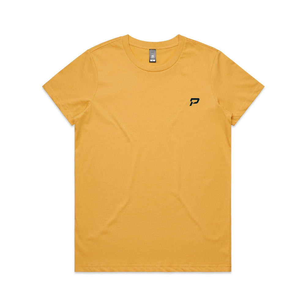 Mustard colour women's shirt with PepTalk logomark