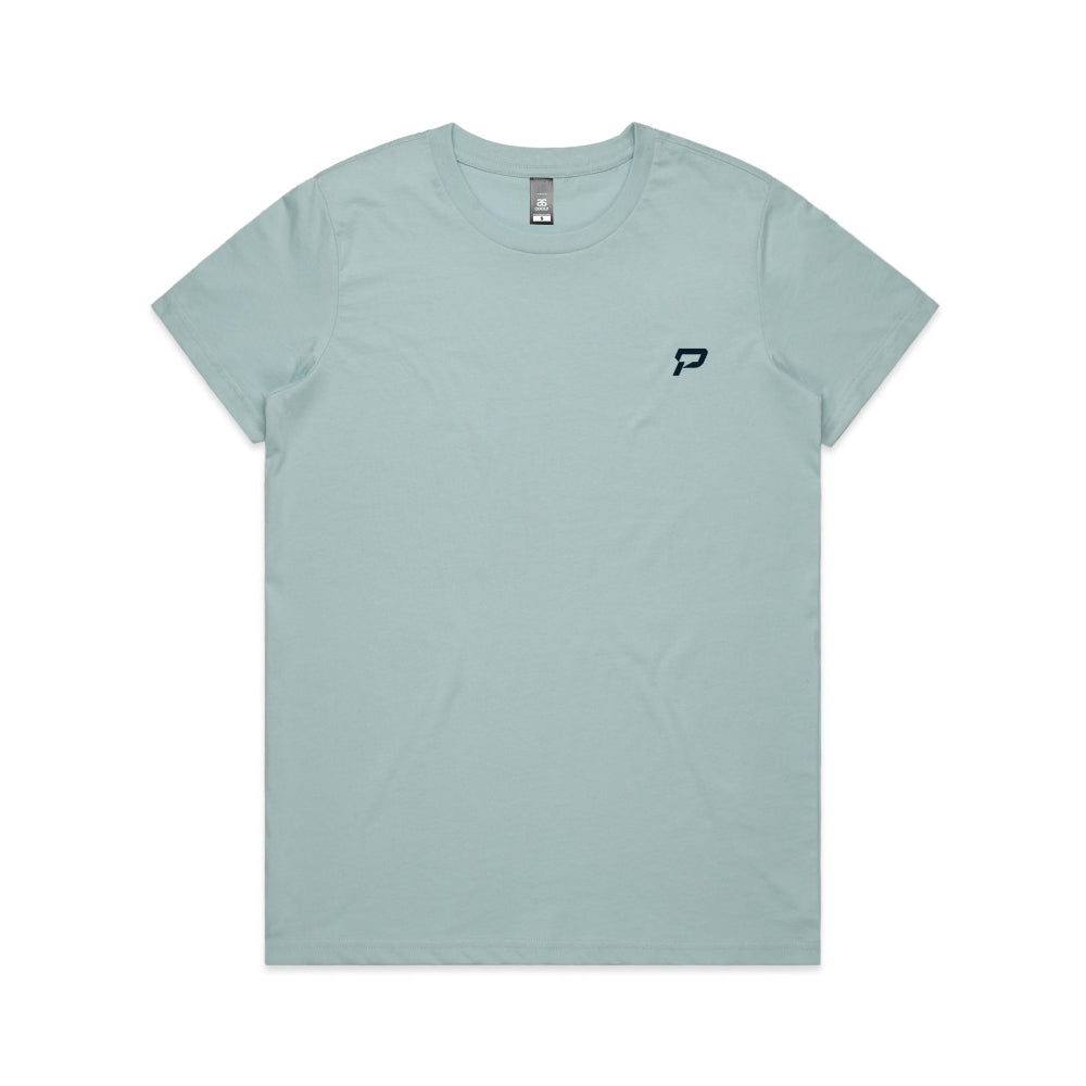 Pale blue women's shirt with PepTalk logomark