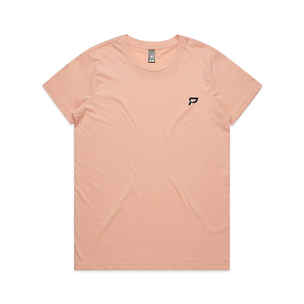 Pale pink women's shirt with PepTalk logomark
