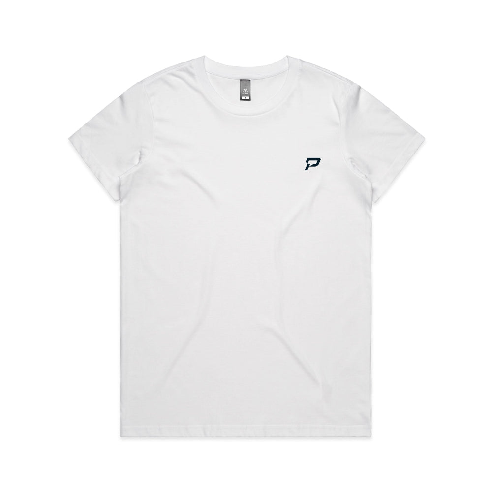 White women's shirt with PepTalk logomark