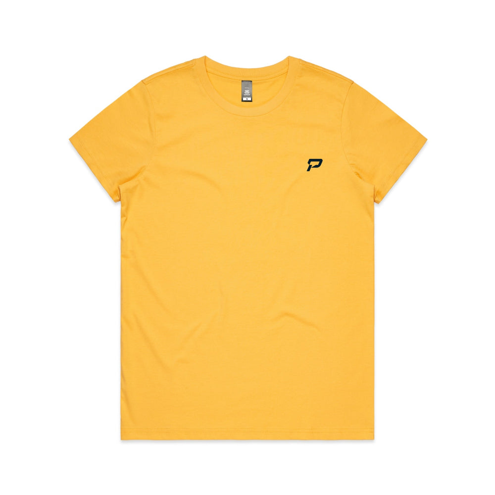 Yellow women's shirt with PepTalk logomark