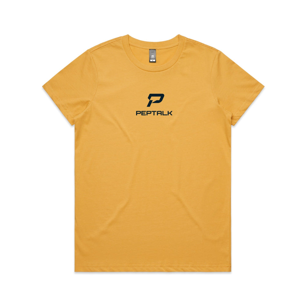 Mustard colour women's shirt with PepTalk portrait logo at the centre