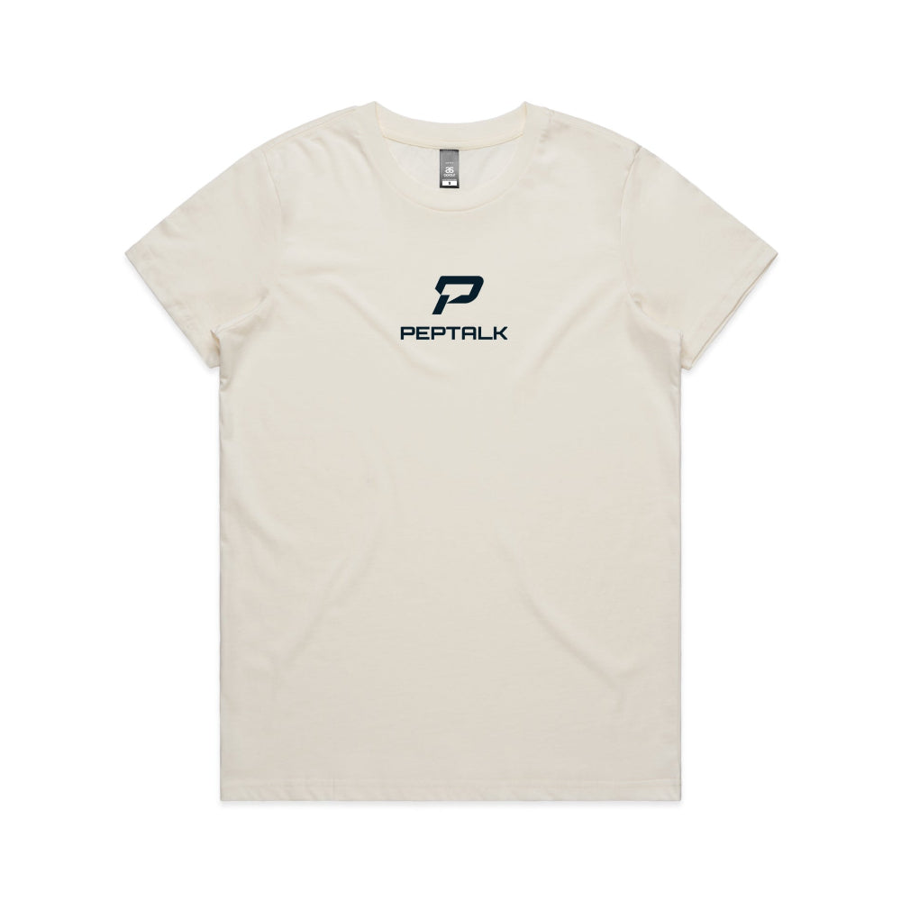 Natural colour women's shirt with PepTalk portrait logo at the centre