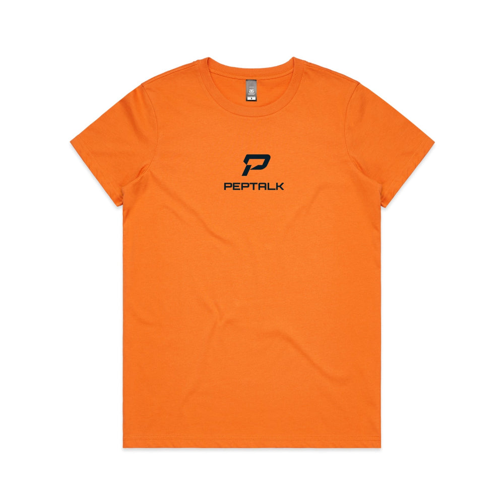 Orange women's shirt with PepTalk portrait logo at the centre