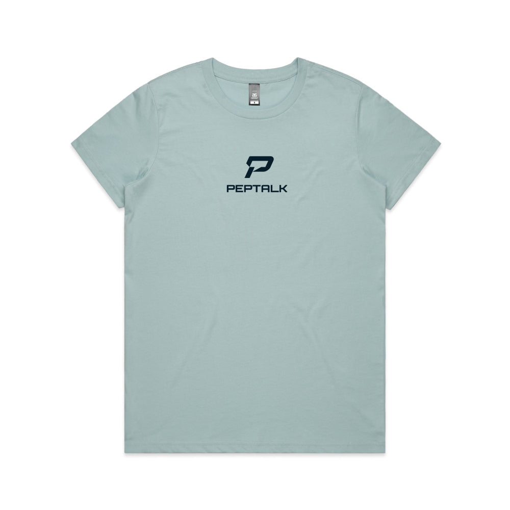 Pale blue women's shirt with PepTalk portrait logo at the centre