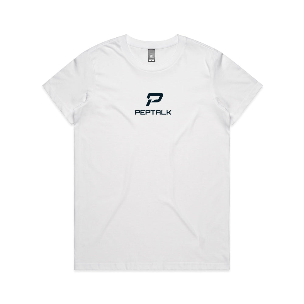 White women's shirt with PepTalk portrait logo at the centre