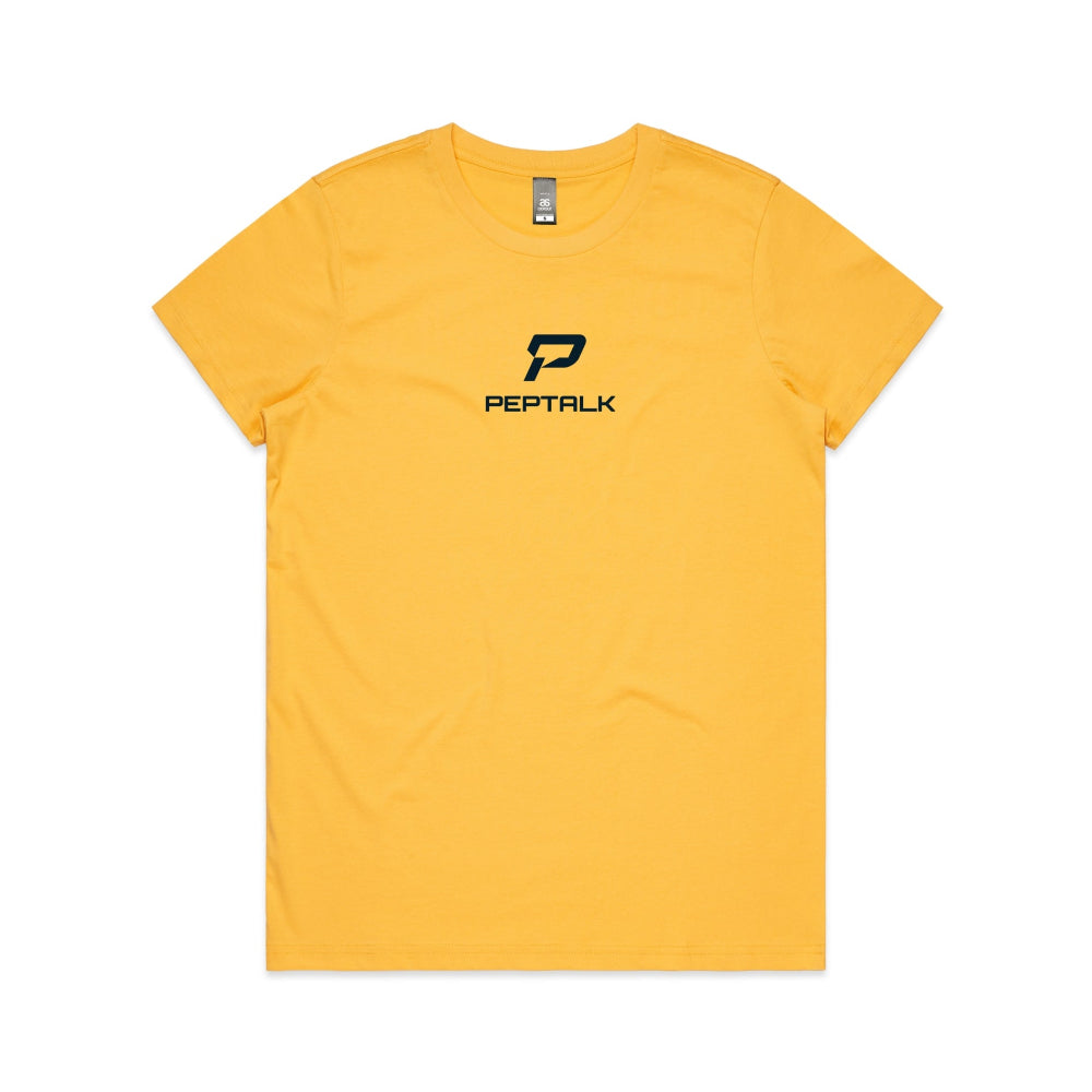 Yellow women's shirt with PepTalk portrait logo at the centre