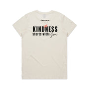 Beige women's shirt with Peptalk logo and "Kindness Starts with You" design at the back